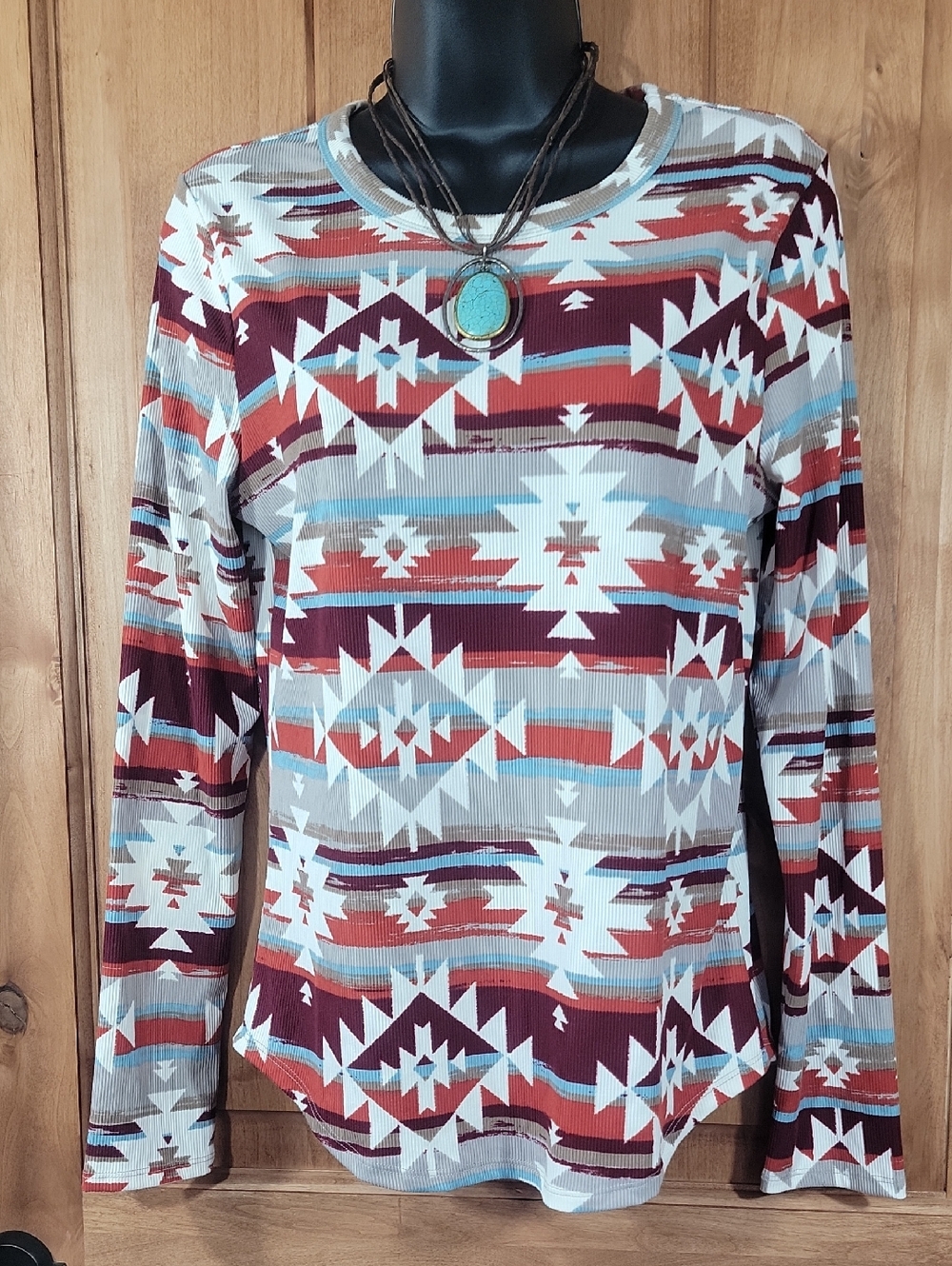 No Boundaries Burgundy Multi Aztec-Pattern Long Sleeve Top